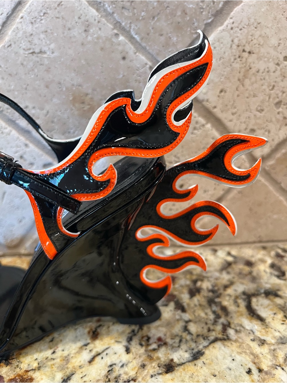 Prada 2018 Flame Detail Black Patent Leather Wedge Sandals w/ Orange Flame - Picture 4 of 14